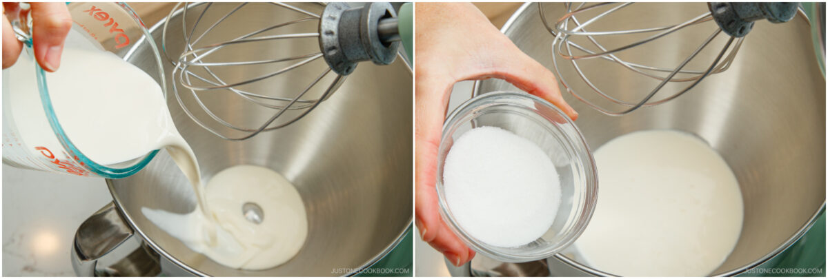 A collage showing two steps: on the left, milk being poured into a stand mixer bowl; on the right, a hand adding a bowl of sugar to the same bowl with milk, under a wire whisk attachment.
