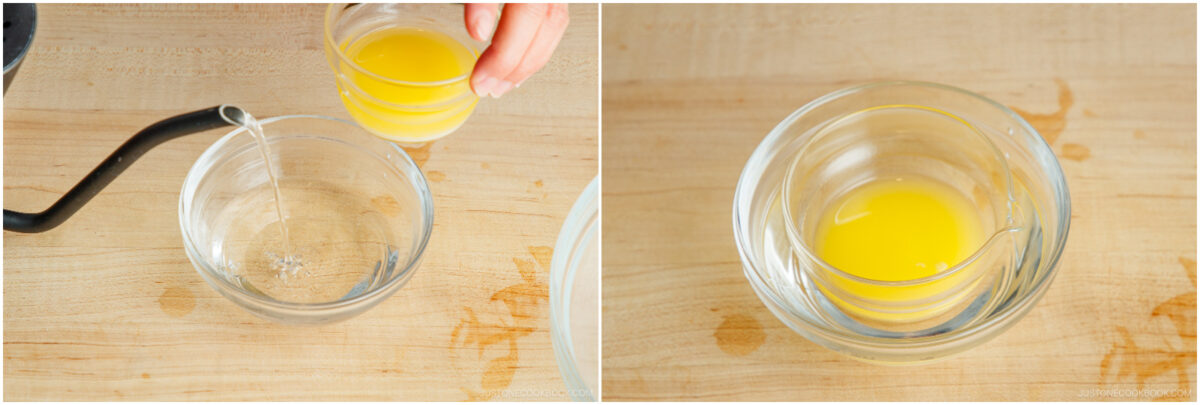 Two side-by-side images: on the left, a hand pours a small bowl of melted butter into a clear glass bowl; on the right, the glass bowl now contains the melted butter on a wooden surface.