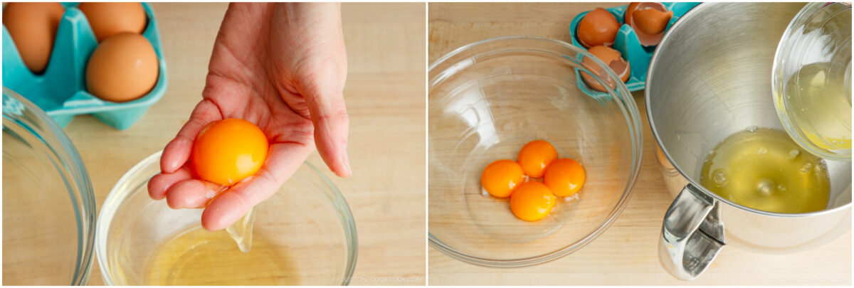 A hand separates an egg yolk from the white over a bowl; next to it, bowls hold several yolks and whites, with eggshells and whole eggs nearby on a wooden surface.