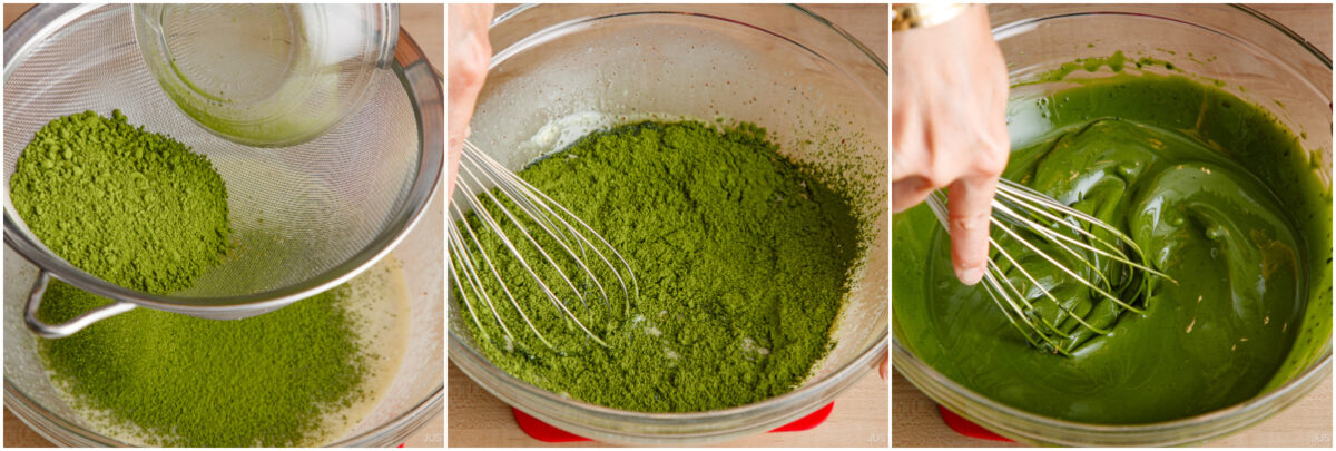 Three images show matcha powder being sifted into a bowl, then whisked, and finally turned into a smooth, vibrant green batter in a glass bowl, with a hand holding a whisk in the last two steps.