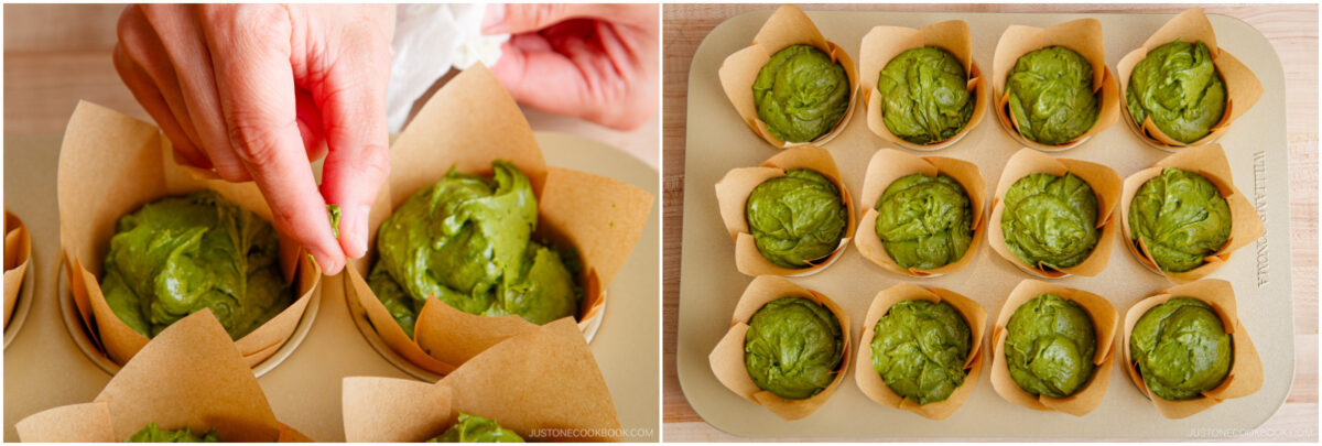A hand places green batter into brown parchment muffin cups; next to it, a tray holds 12 muffin cups filled with the same green batter, ready for baking.