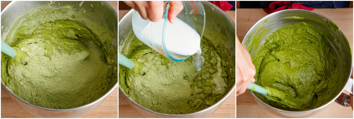 Three photos show a mixing bowl with green batter. First, dry ingredients are partially mixed. Second, a hand pours milk from a measuring cup. Third, the mixture is being stirred with a spatula.