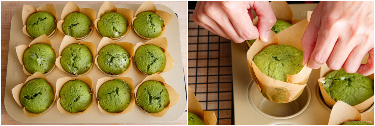 Twelve green matcha muffins in brown paper liners sit in a baking tray on the left; on the right, hands lift one muffin from the tray onto a cooling rack.