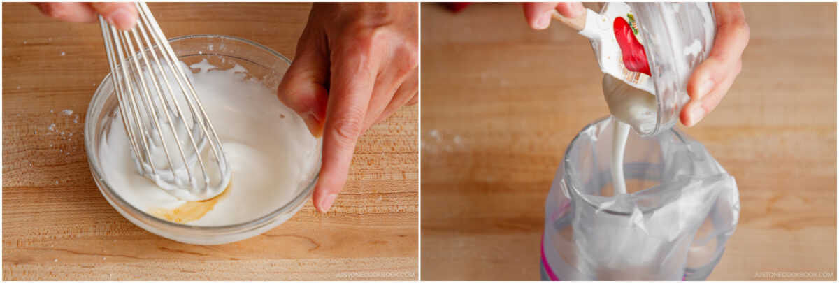 Two images: Left, hands whisking white icing in a glass bowl; right, red spatula transferring icing from a bowl into a piping bag over a wooden surface.