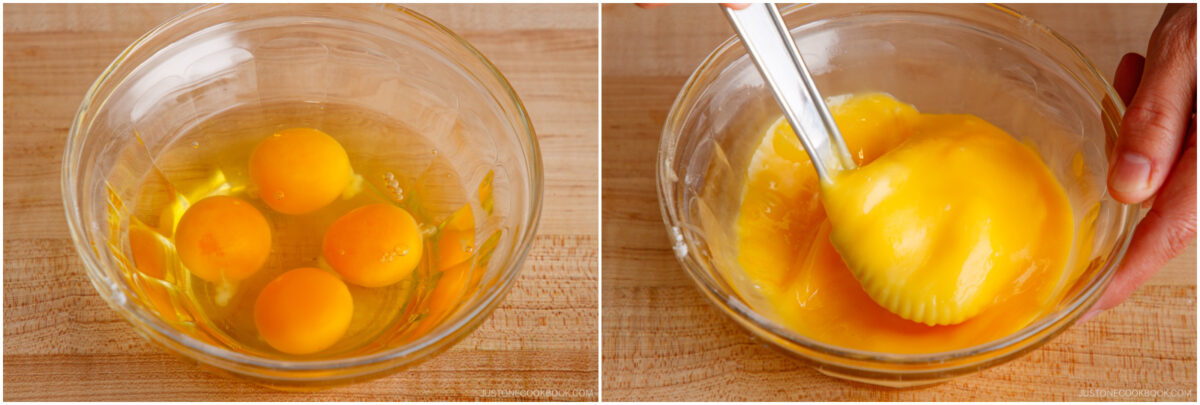 Side-by-side images: on the left, four raw eggs in a glass bowl; on the right, a hand whisking the eggs in the bowl with a fork, mixing the yolks and whites together.