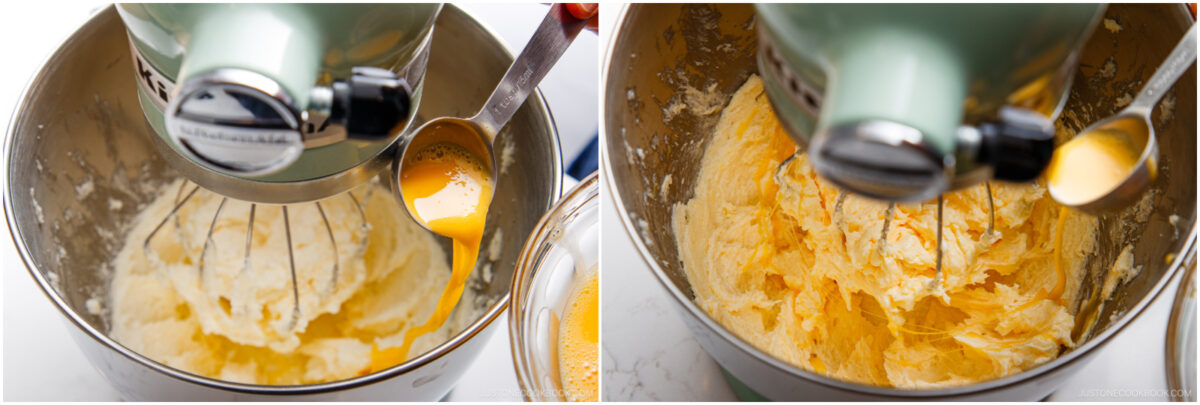 A stand mixer whipping butter and sugar in a metal bowl, with a hand pouring beaten eggs in from a spoon, then showing the mixture fully blended and creamy.