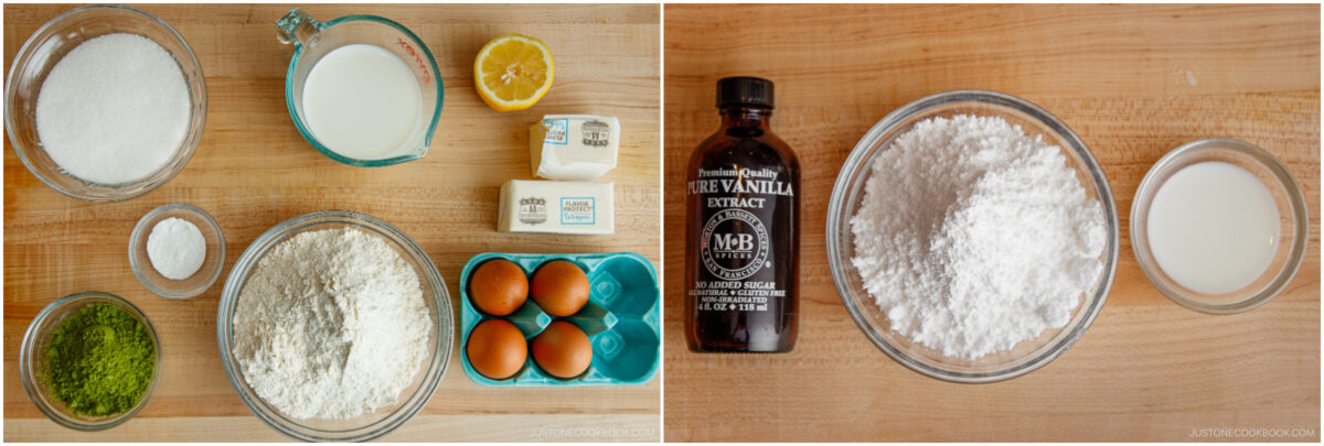 Two panels showing baking ingredients on a wooden surface: left side has sugar, milk, butter, lemon, matcha, flour, and eggs; right side has vanilla extract, powdered sugar, and milk.