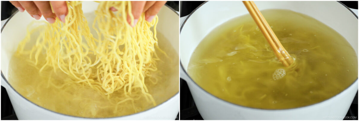 Two images side by side: On the left, hands add raw yellow noodles into boiling water in a pot. On the right, noodles cook in the water while being stirred with chopsticks.