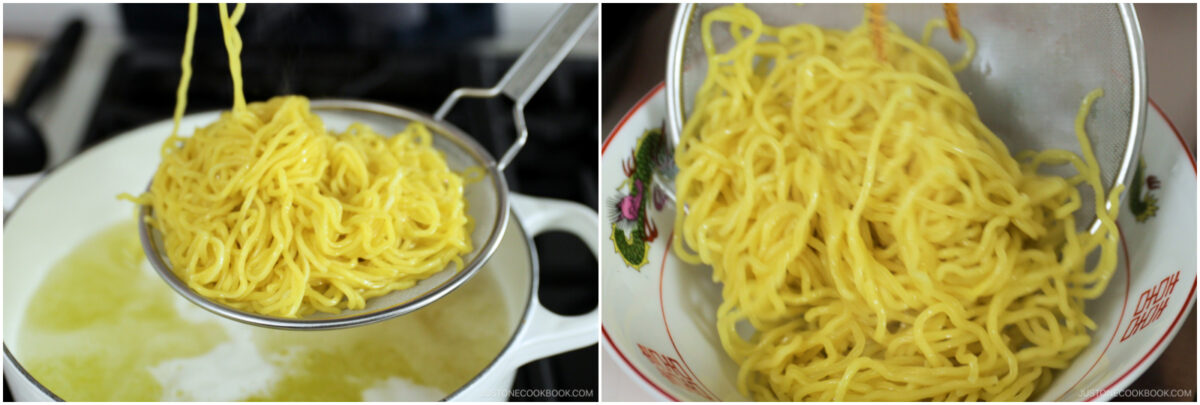 Two images: On the left, yellow noodles are being lifted from boiling water with a strainer over a pot. On the right, the cooked noodles are drained in a metal sieve over a bowl.