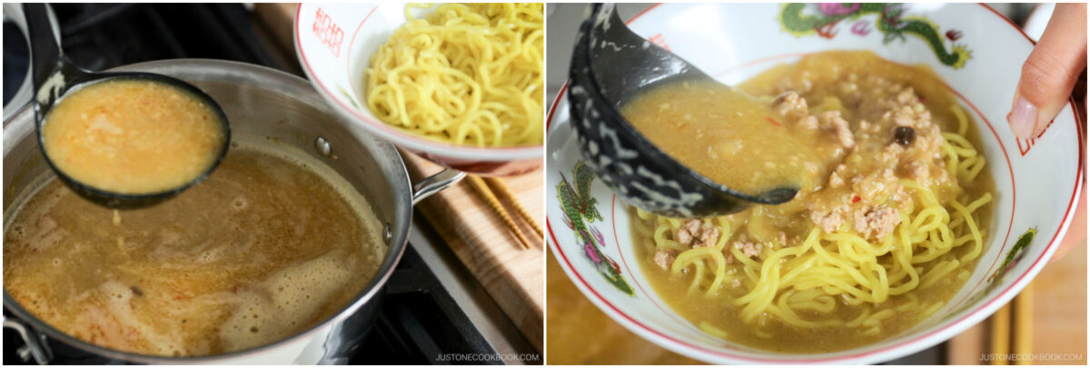 Two-panel image showing the preparation of noodle soup: left, broth being ladled from a pot; right, broth with ground meat poured over yellow noodles in a bowl.
