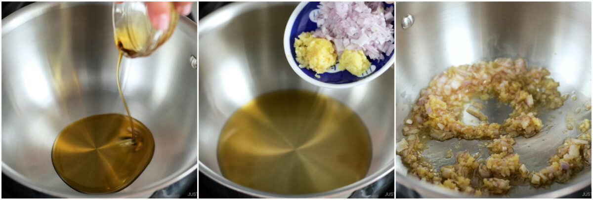 A collage shows oil being poured into a pan, chopped onions and minced garlic added, and the mixture sautéed until lightly golden.