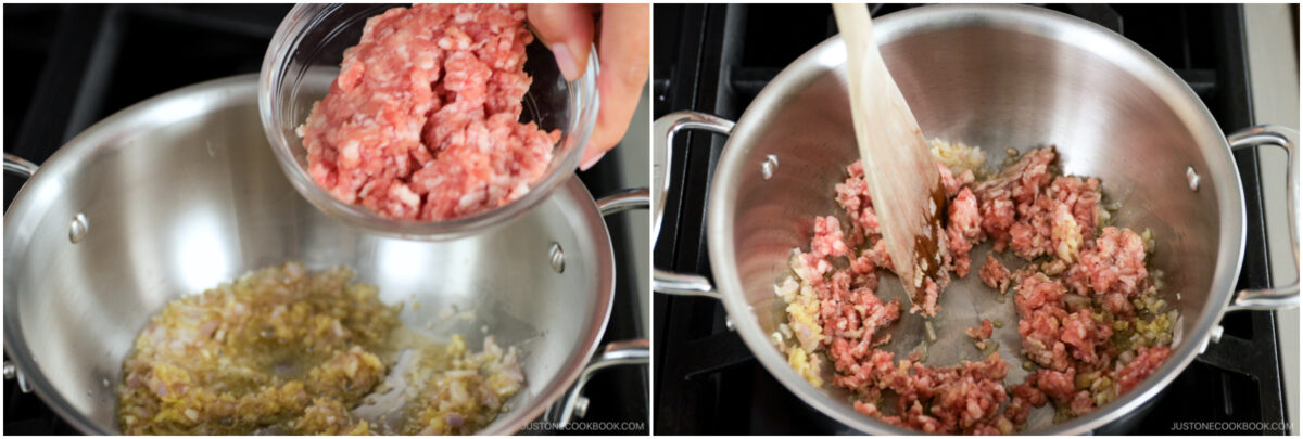 Two images side by side: the left shows ground meat being added to a pan with sautéed onions and garlic; the right shows the meat being stirred and cooked in the same pan with a wooden spatula.