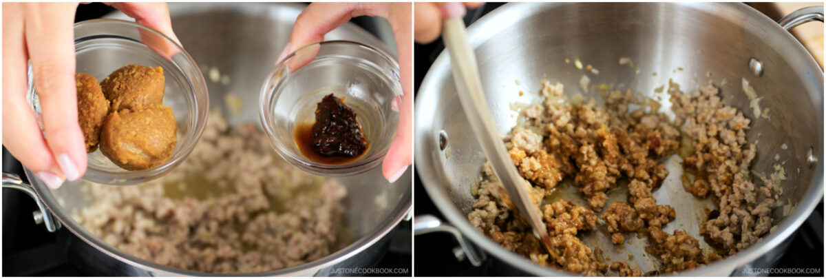 Close-up of hands holding two small bowls with seasoning over a pot of cooked ground meat, followed by a shot of the meat being stirred with added seasonings in a metal pot.