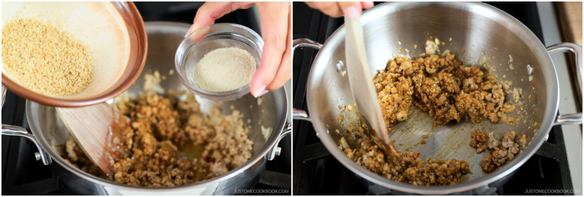 Two-panel image: Left, sesame seeds and sugar are being added to a pan with cooked ground meat. Right, a wooden spoon stirs the mixture in the pan as the ingredients blend together.