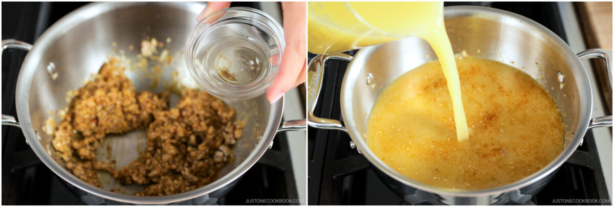 Two photos: on the left, minced ingredients are sautéed in a stainless steel pan as a hand adds liquid from a small bowl; on the right, broth is being poured into the same pan over the sautéed mixture.