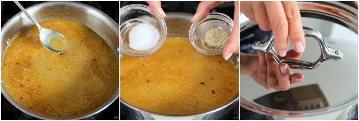 Three images: broth being stirred with a spoon in a pot, salt and pepper being added to the pot, and a hand placing a lid on the pot.
