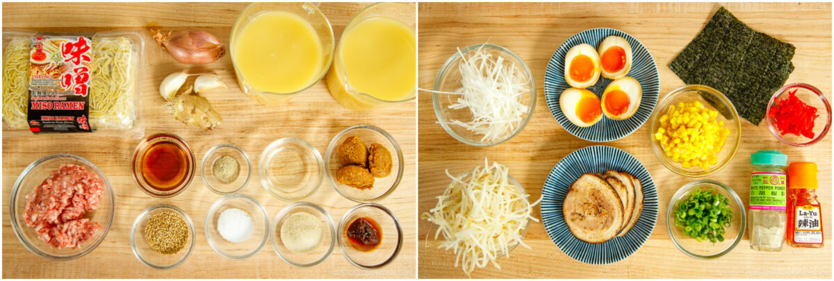Two panels show ramen ingredients on a wooden surface: left has raw pork, noodles, broth, ginger, shallot, sauces, miso, spices; right has cooked ramen toppings like soft-boiled eggs, corn, sliced pork, green onion, nori, and condiments.