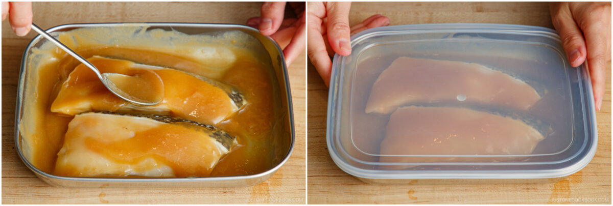 Two images side by side: on the left, a hand spoons marinade over two fish fillets in a metal container; on the right, the container is covered with a transparent plastic lid, showing the fillets inside.