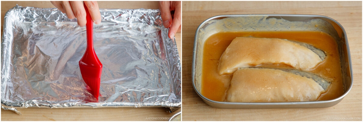 Left: A hand brushes oil onto a foil-lined baking tray. Right: Two fish fillets marinate in orange-colored sauce inside a metal container.