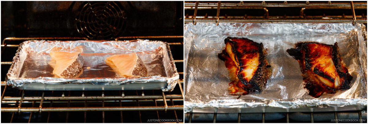Side-by-side photos show fish fillets on a foil-lined baking tray in an oven: on the left, the raw fish fillets; on the right, the fillets are cooked and browned.