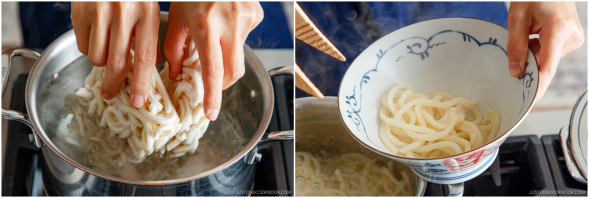 Two images side by side: Left, hands placing raw udon noodles into boiling water in a pot; right, cooked udon noodles being transferred into a decorative bowl with steam rising.