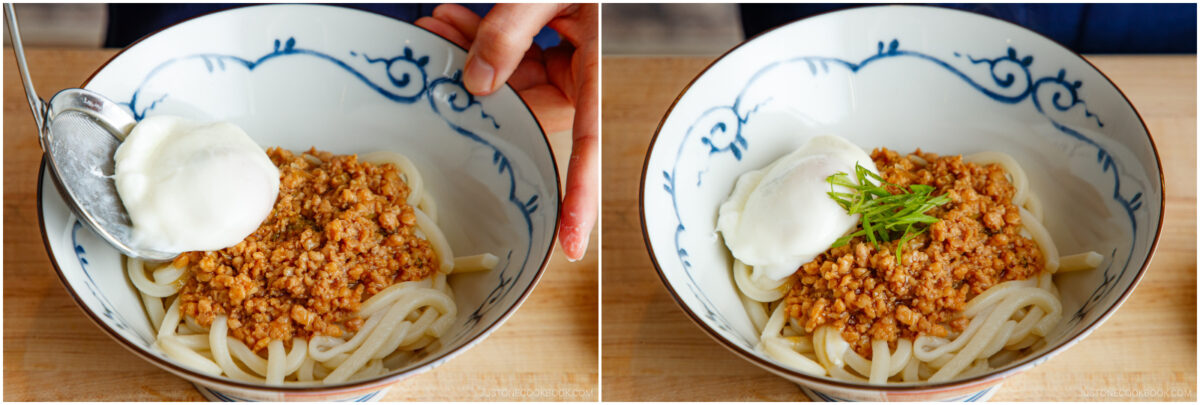 Two side-by-side images show a bowl of noodles with minced meat. In the first, a hand adds a poached egg with a spoon. In the second, sliced green onions are added on top of the meat and egg.