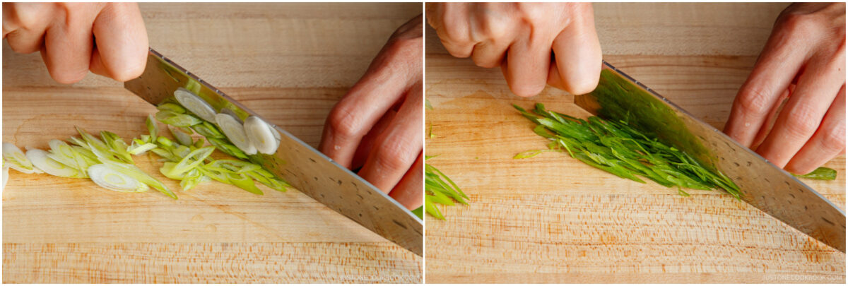 A person’s hands slice green onions on a wooden cutting board; the left image shows straight slices and the right image shows green onions cut on a steep diagonal.