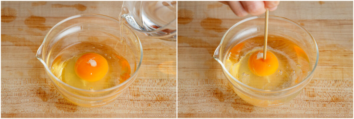 Side-by-side images show a raw egg in a glass bowl. In the first image, water is being poured in. In the second, a hand stirs the egg with a chopstick. The bowl is on a wooden surface with water droplets.