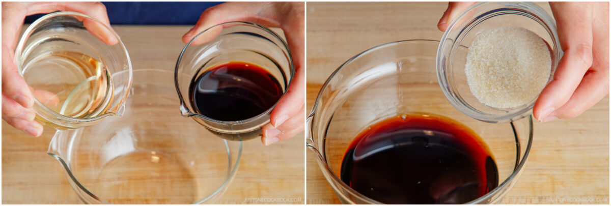 Side-by-side images: On the left, hands pour liquids from two containers into a glass bowl. On the right, hands pour granulated sugar into the bowl, which already contains a dark liquid.