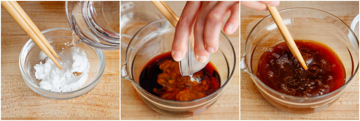 A sequence of three images showing sauce preparation: mixing cornstarch and water, pouring liquid into a bowl with soy sauce, and stirring a dark sauce with chopsticks.