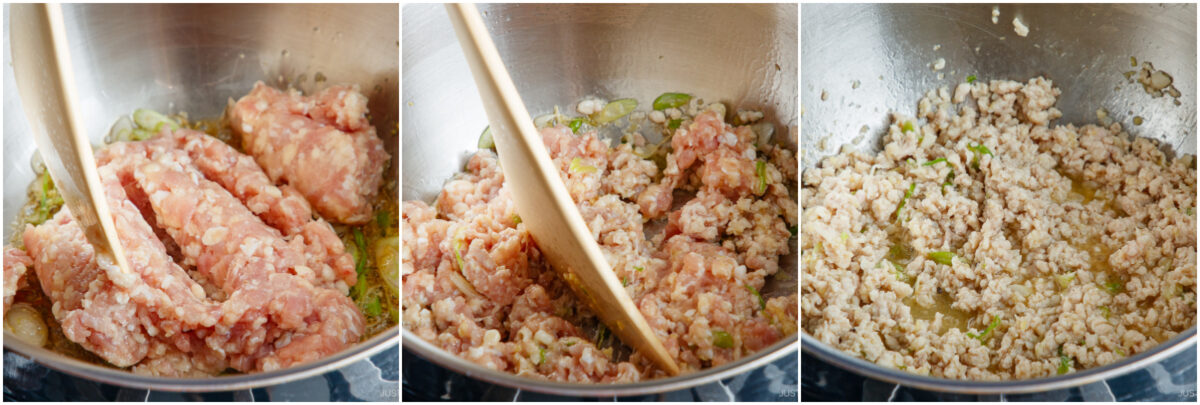 Three side-by-side images show ground meat being cooked in a metal pan. The first shows raw meat and vegetables, the second shows partially cooked meat being stirred, and the third shows the meat fully browned.