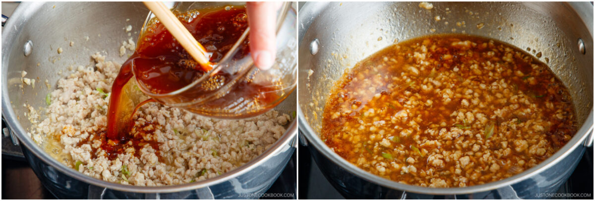 Two-panel image: On the left, a hand pours a reddish sauce from a glass container onto cooked ground meat in a pan. On the right, the meat simmers in the sauce, creating a rich and flavorful mixture.
