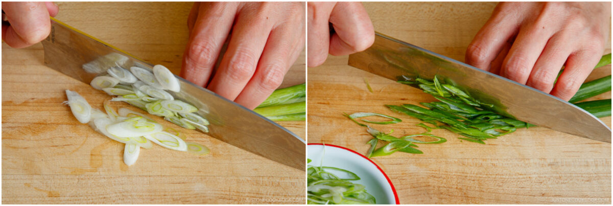 Close-up of hands slicing green onions on a wooden cutting board; on the left, the onions are cut into thin white rounds, and on the right, the onions are cut into thin green strips.
