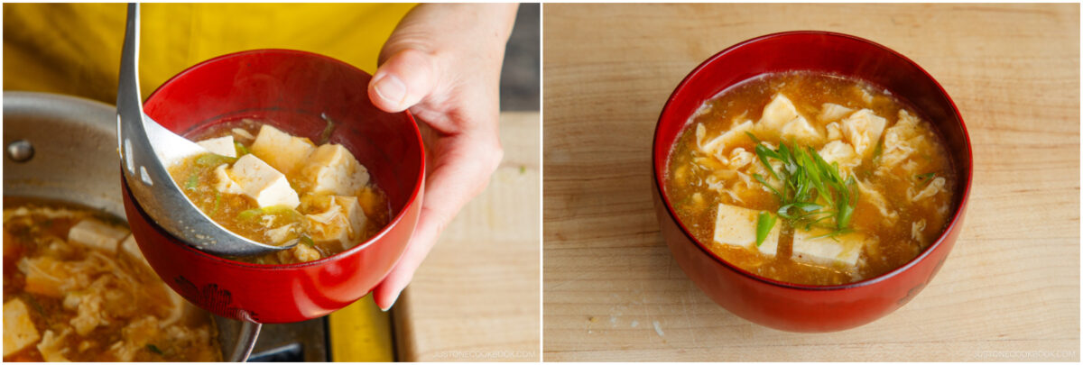 A red bowl filled with hot and sour soup containing tofu, egg, and green onions. One image shows soup being ladled, the other shows the soup garnished with sliced green onions on a wooden surface.