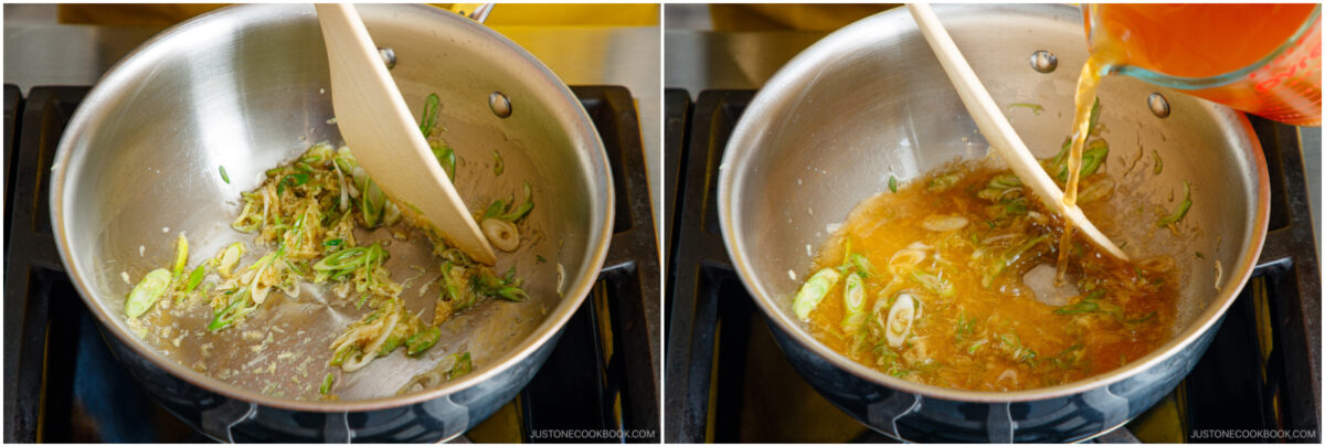 Side-by-side images of a metal pan on a stove. Left: sliced green onions and ginger being sautéed with a wooden spatula. Right: broth is being poured into the same pan with the vegetables.