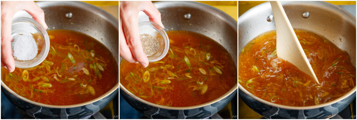 Three-panel collage: Salt and pepper are added to a pot of reddish broth with sliced green onions, then a wooden spoon stirs the mixture.