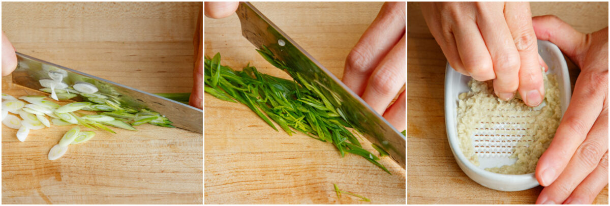 Three images show close-ups of hands slicing green onions thinly, cutting them into fine strips, and grating ginger on a small ceramic grater, all on a wooden surface.