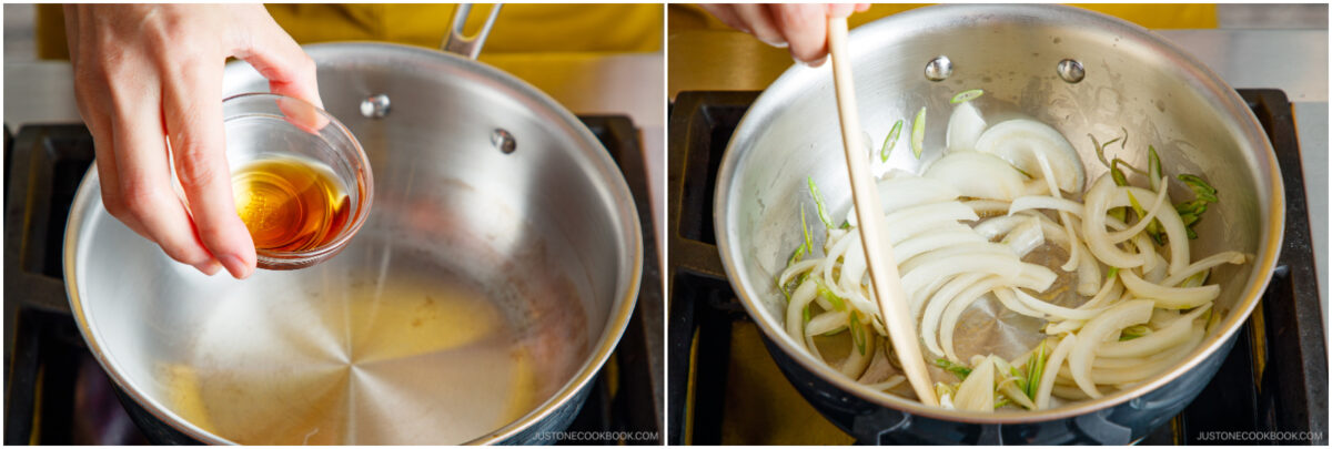 Split image: On the left, a hand pours liquid from a small bowl into a pan. On the right, sliced onions and green peppers are sautéed in a pan and stirred with a wooden spatula.
