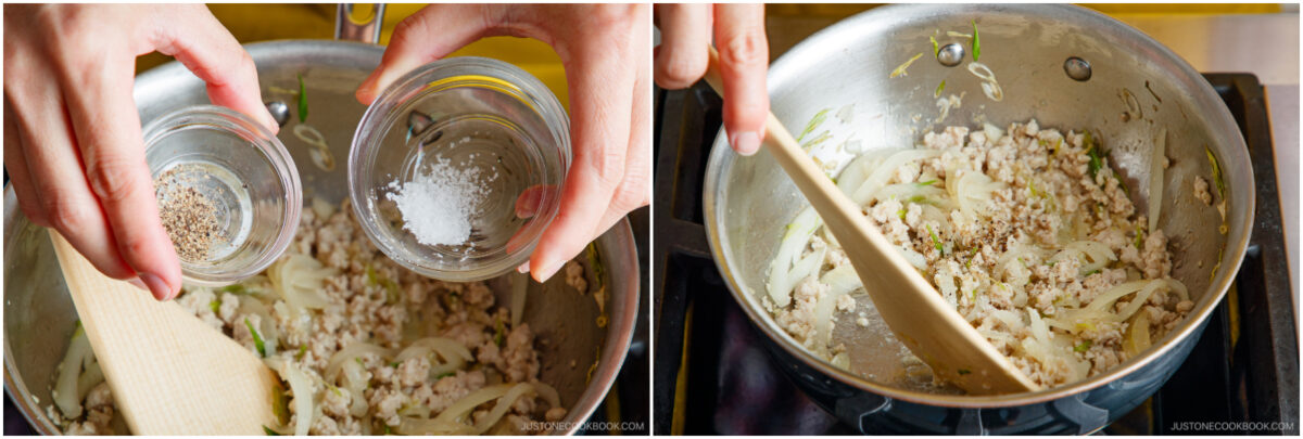 Two images: On the left, hands hold small bowls of salt and pepper over a pan of sautéing ground meat and onions. On the right, the mixture is being stirred with a wooden spoon in the pan.