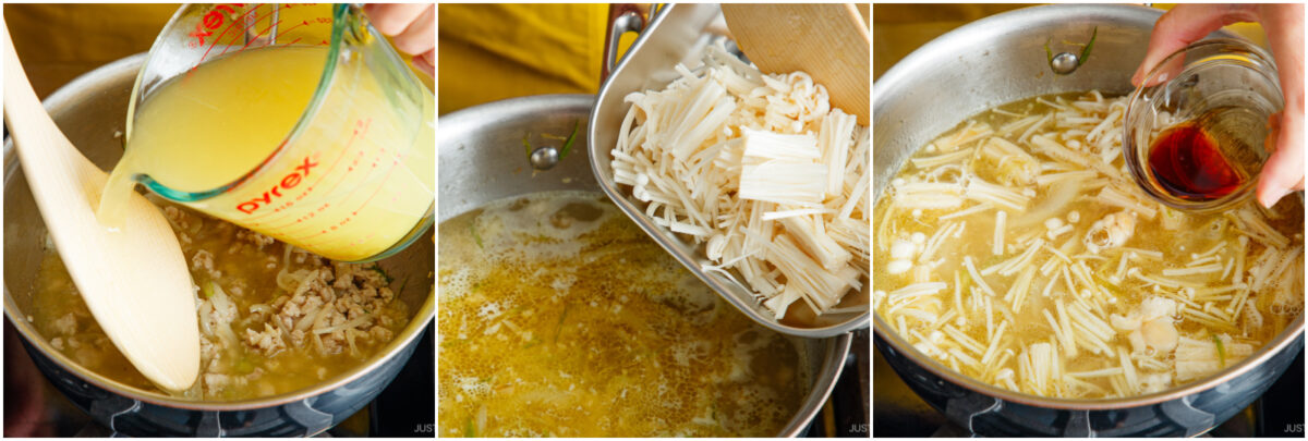 Three-panel image: pouring broth into a pot with minced garlic, adding enoki mushrooms from a cutting board, and pouring soy sauce from a small bowl into the soup.