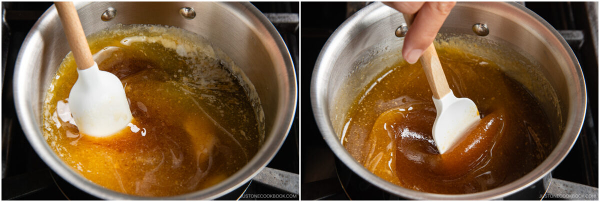 Two side-by-side images show a hand stirring thick, golden-brown caramel with a white spatula in a metal saucepan on a stovetop. The caramel is glossy and partially melted.