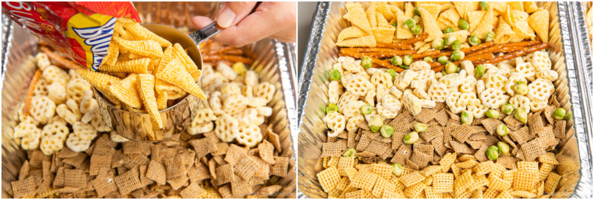 A hand pours bugle-shaped snacks into a large aluminum tray filled with assorted cereals, pretzels, and snack pieces; the right image shows the mixed snacks evenly distributed in the tray.