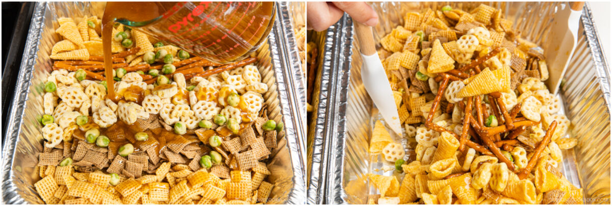 Two images side by side: on the left, caramel sauce is being poured over a mix of cereals, pretzels, and nuts in a foil tray; on the right, the mixture is being stirred with tongs in the tray.