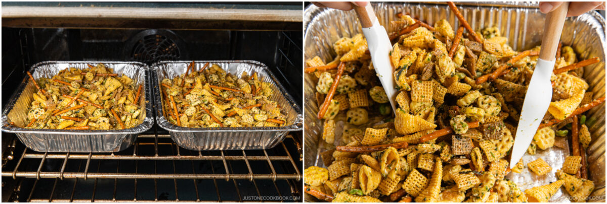Two aluminum trays of snack mix baking in an oven (left); hands using tongs to mix the seasoned snack mix, including cereal pieces and pretzel sticks, in a tray (right).
