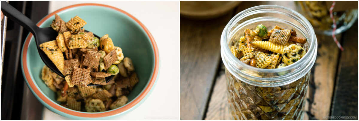 A close-up of a spoonful of savory snack mix in a blue bowl on the left, and the same snack mix in a mason jar on the right, featuring cereal, pretzels, and crunchy vegetables.