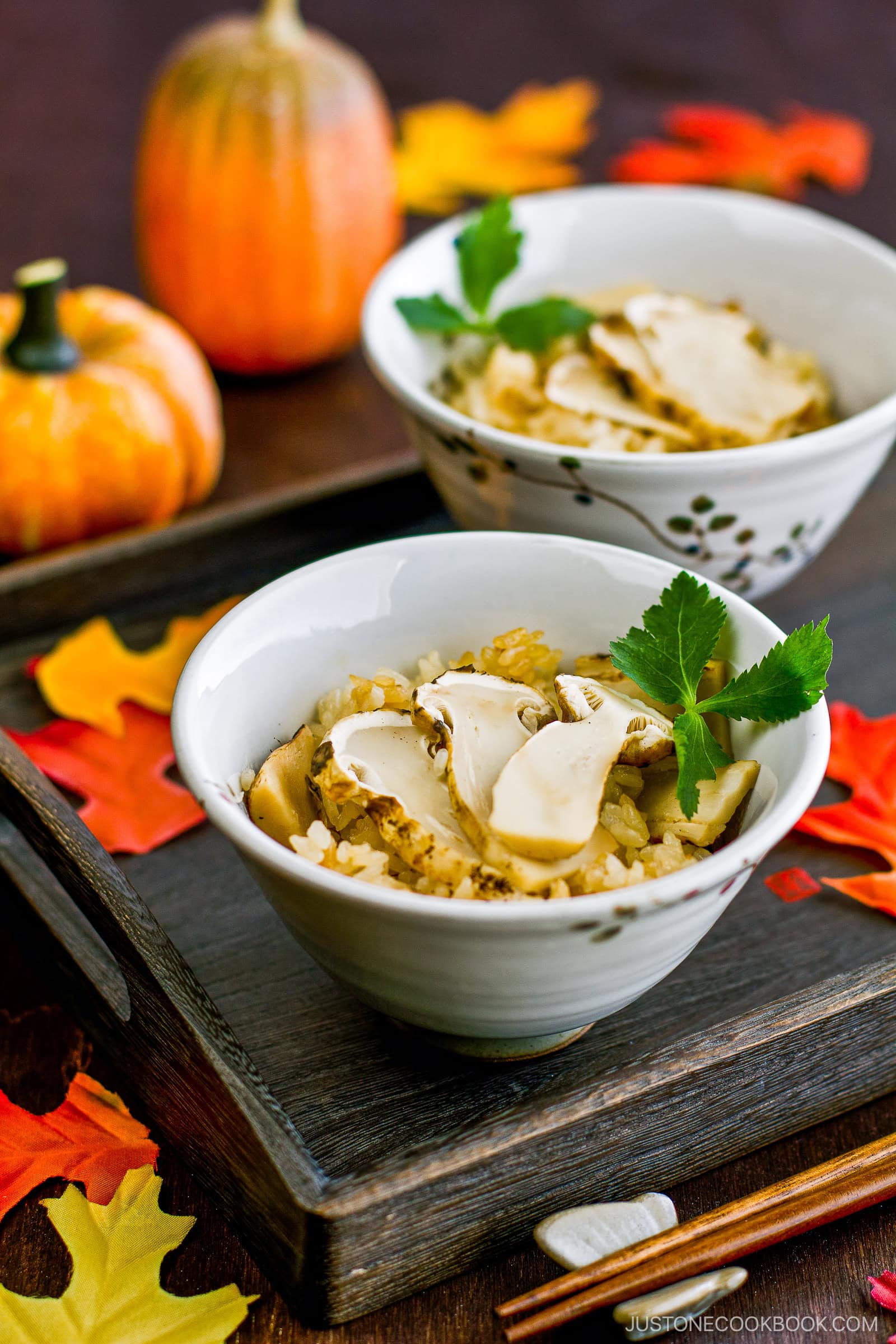 Two bowls of rice topped with sliced mushrooms and garnished with green herbs are served on a wooden tray, surrounded by autumn leaves and small pumpkins. Chopsticks rest nearby, creating a cozy fall atmosphere.