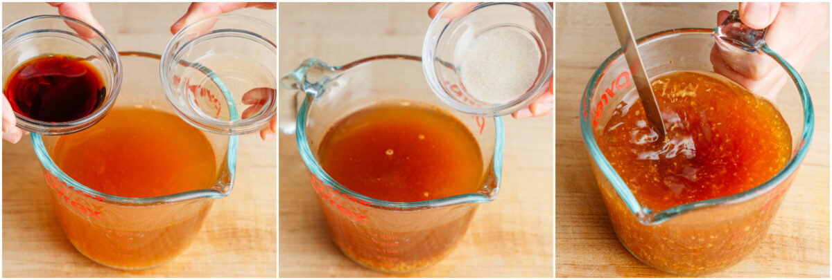A three-panel image shows hands adding ingredients and stirring a liquid in a glass measuring cup: soy sauce and vinegar are poured, sugar is added, then the mixture is stirred on a wooden surface.