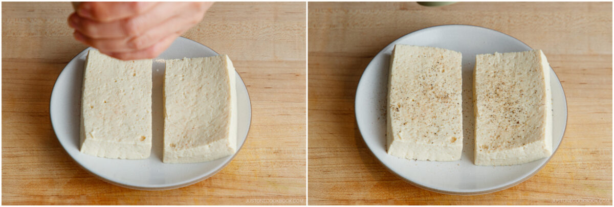 Two image panels: left shows a hand sprinkling seasoning over two tofu slices on a plate; right shows the tofu slices now evenly sprinkled with seasoning, on the same plate, on a wooden surface.