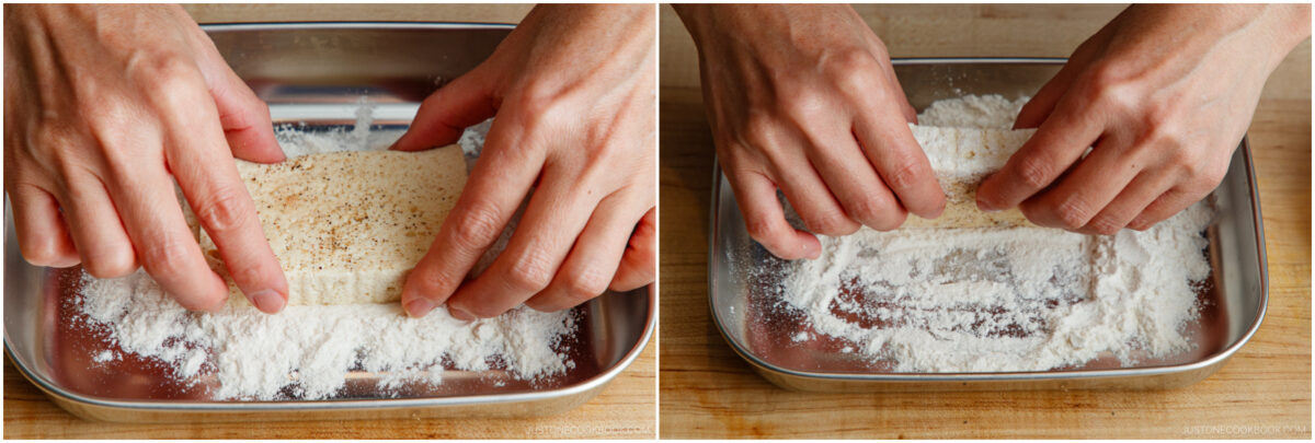 Two close-up images show hands coating a block of tofu with flour in a shallow metal tray on a wooden surface. The tofu is being pressed and turned to ensure an even coating.