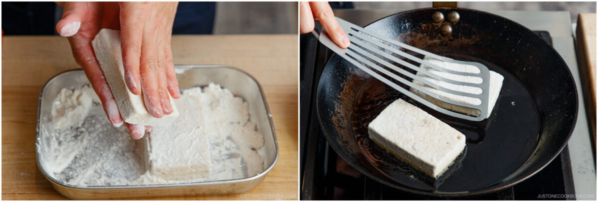 A person coats tofu in flour, then uses a spatula to fry the floured tofu in a black pan on a stovetop.